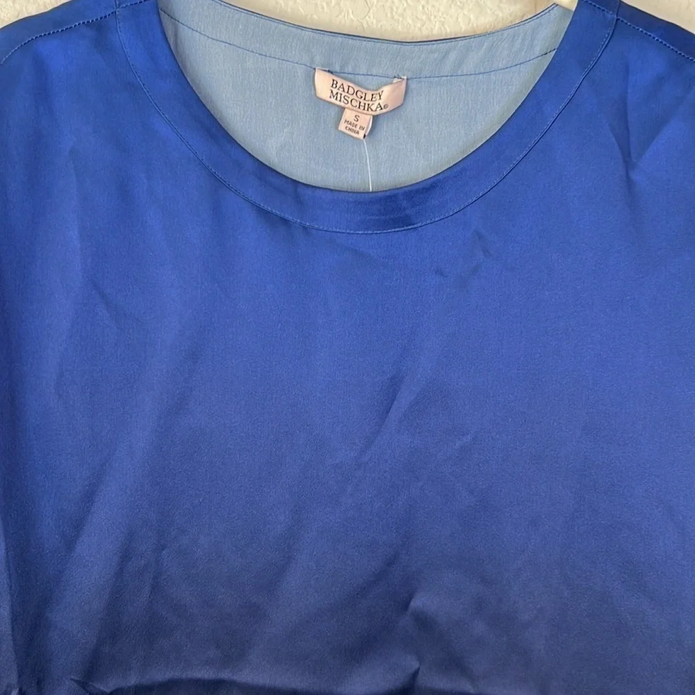 Badgley Mischka Silk Blue Ombré Short Sleeve Top Size S